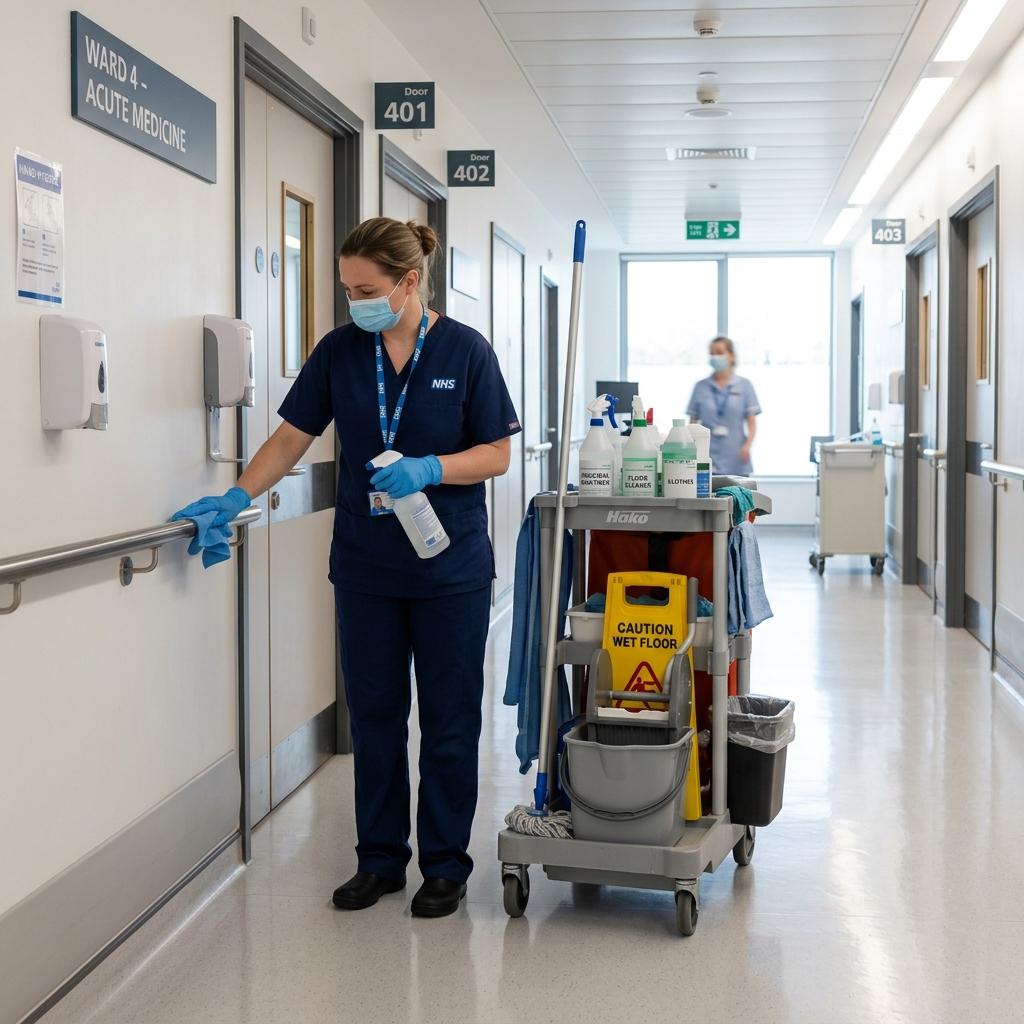 A hospital cleaning operative in PPE sanitising surfaces in a UK hospital corridor.