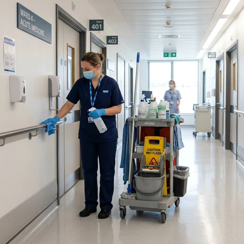 A hospital cleaning operative on site. TUPE regulations protect existing soft FM staff when a service contract changes hands between suppliers.
