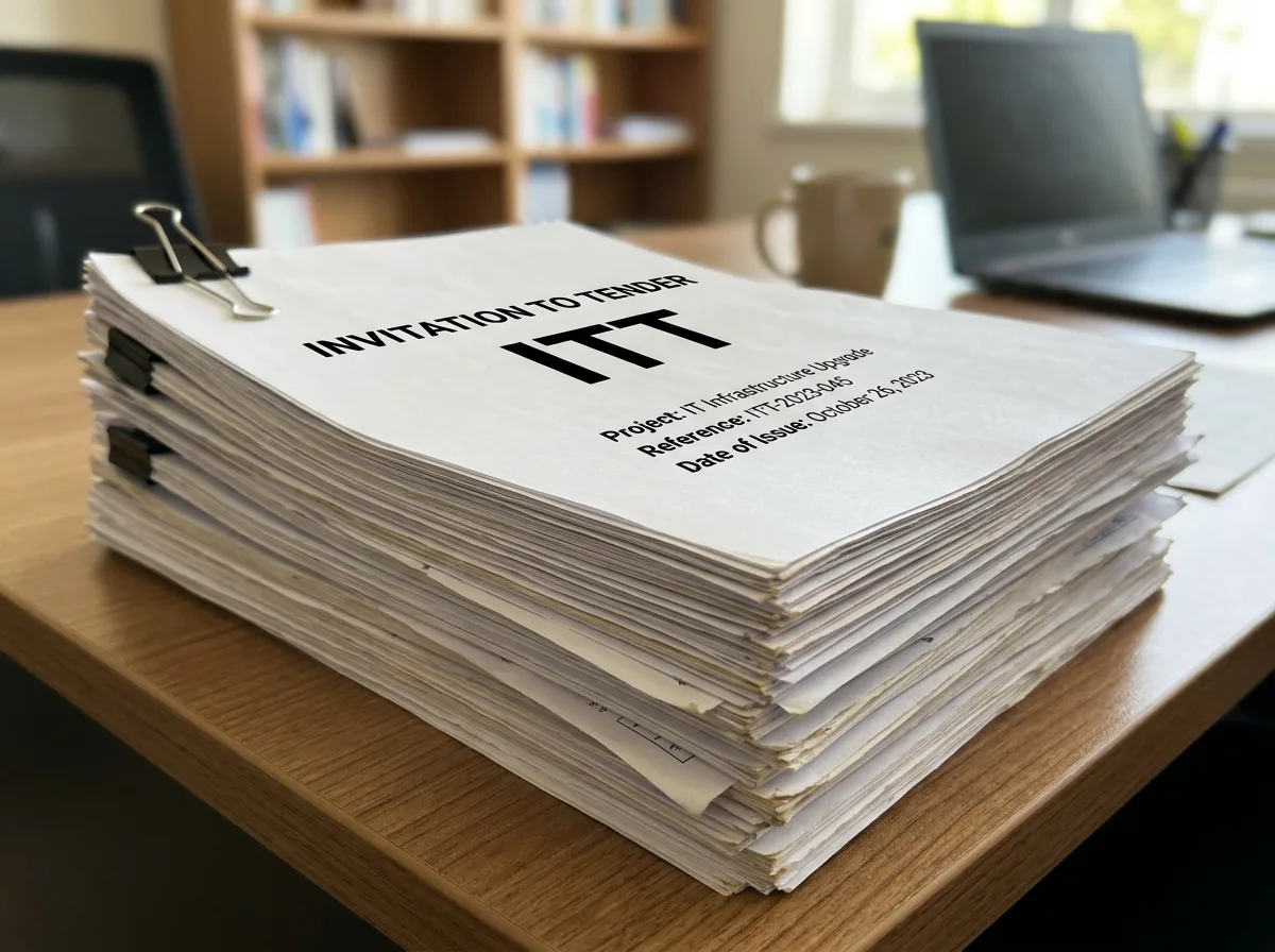 A UK public-sector tender pack on a desk with the ITT cover, specification, pricing schedule, draft contract and Selection Questionnaire all visible.