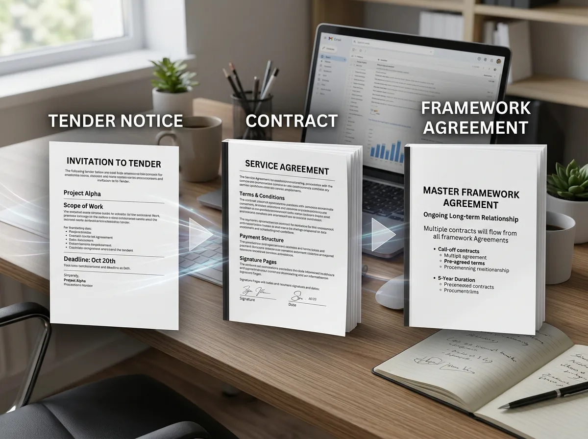 A tender notice, a signed contract and a framework agreement laid out side by side. Three different stages of UK public procurement.