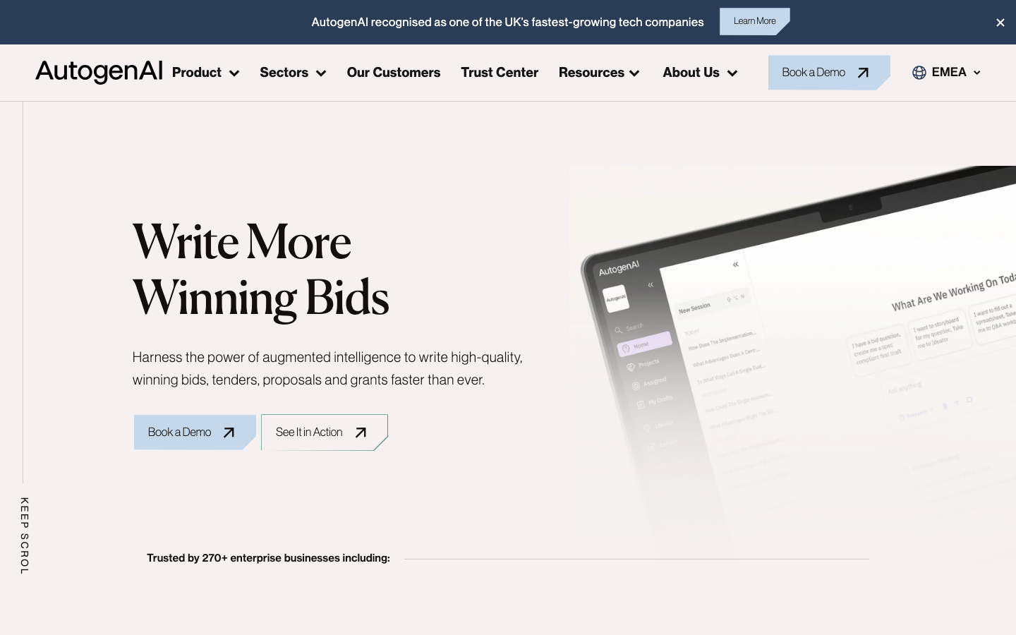 Homepage of AutogenAI enterprise proposal-writing platform (captured April 2026).