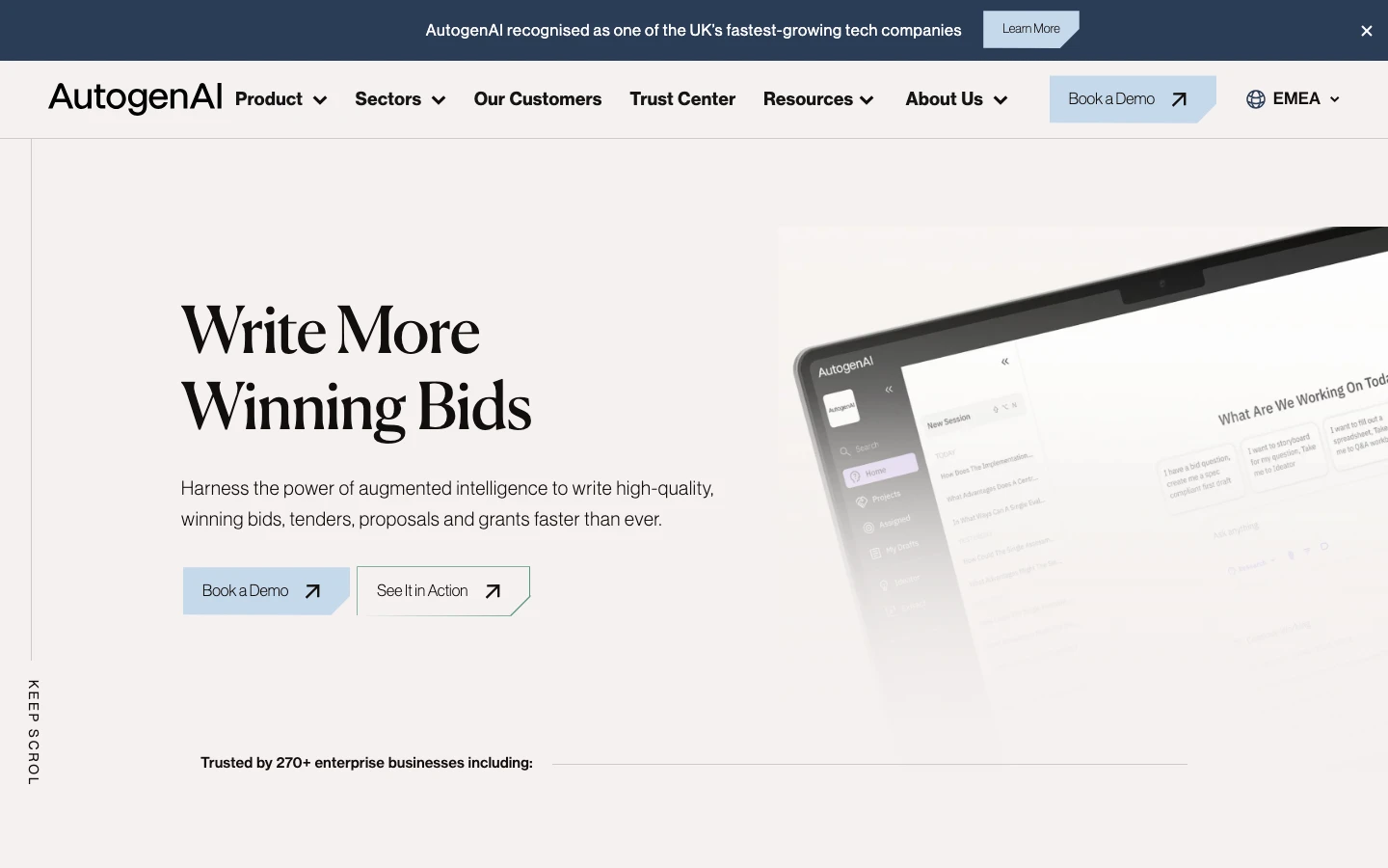 Homepage of AutogenAI, an enterprise AI proposal-writing platform used on UK public-sector bids.