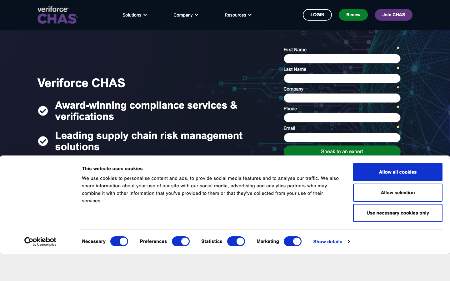 Homepage of CHAS contractor health and safety accreditation scheme (captured April 2026).