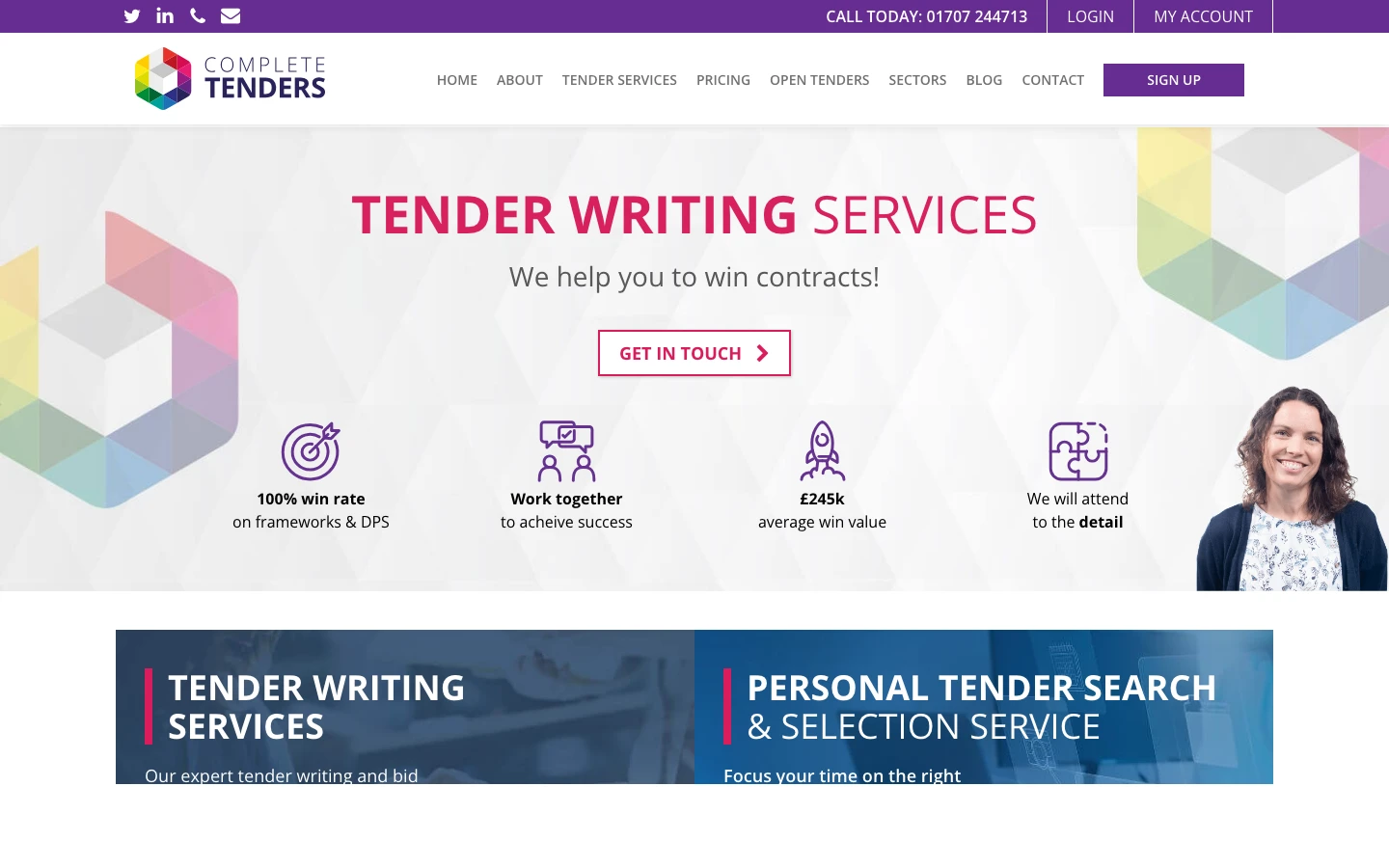 Homepage of Complete Tenders, a UK FM-focused tender directory and bid services provider.
