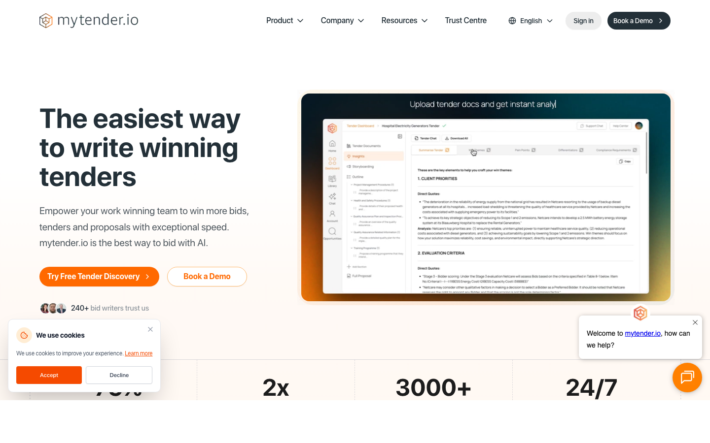 Homepage of mytender.io AI bid-writing platform (captured April 2026).