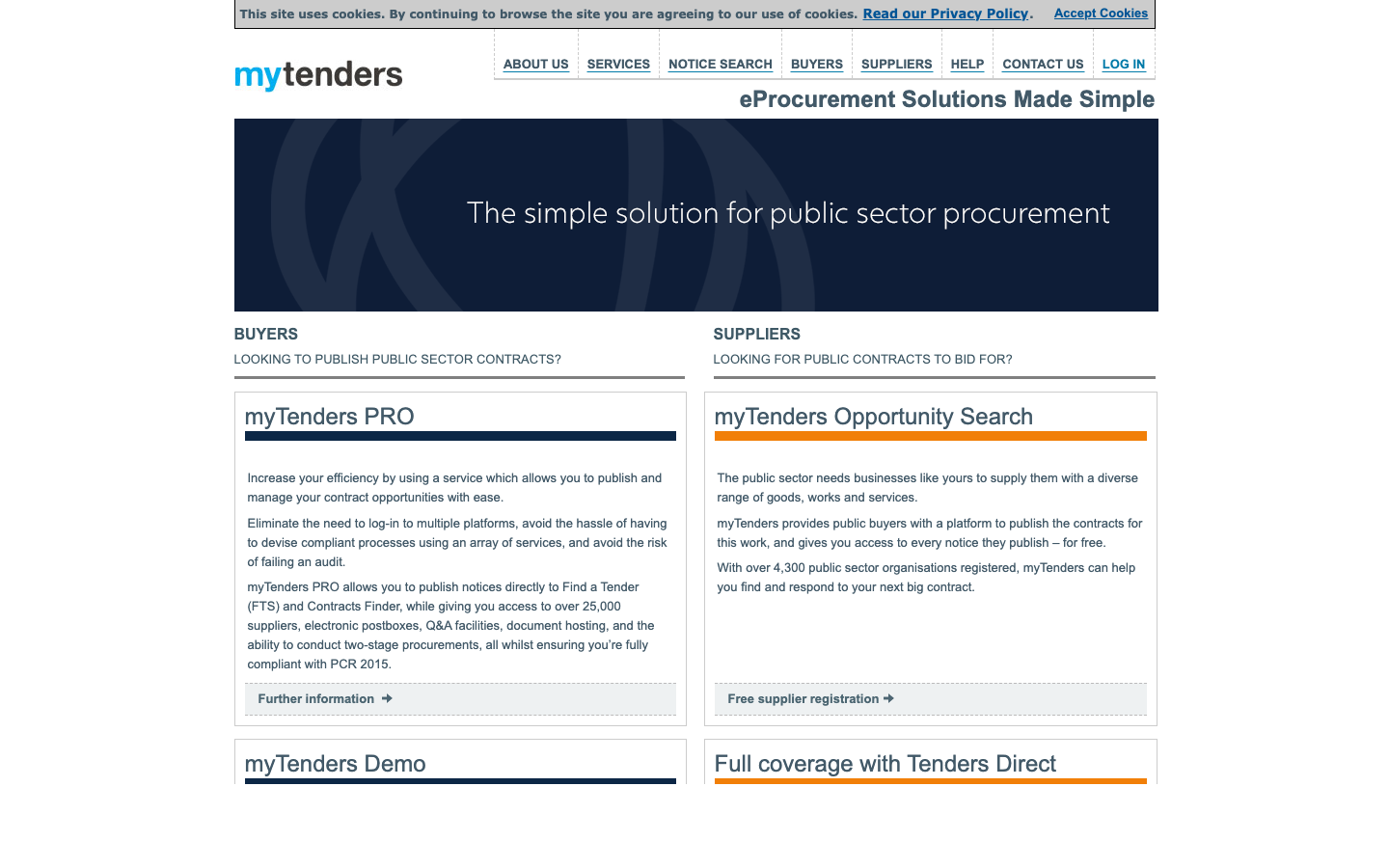 Homepage of myTenders eProcurement platform (captured April 2026).