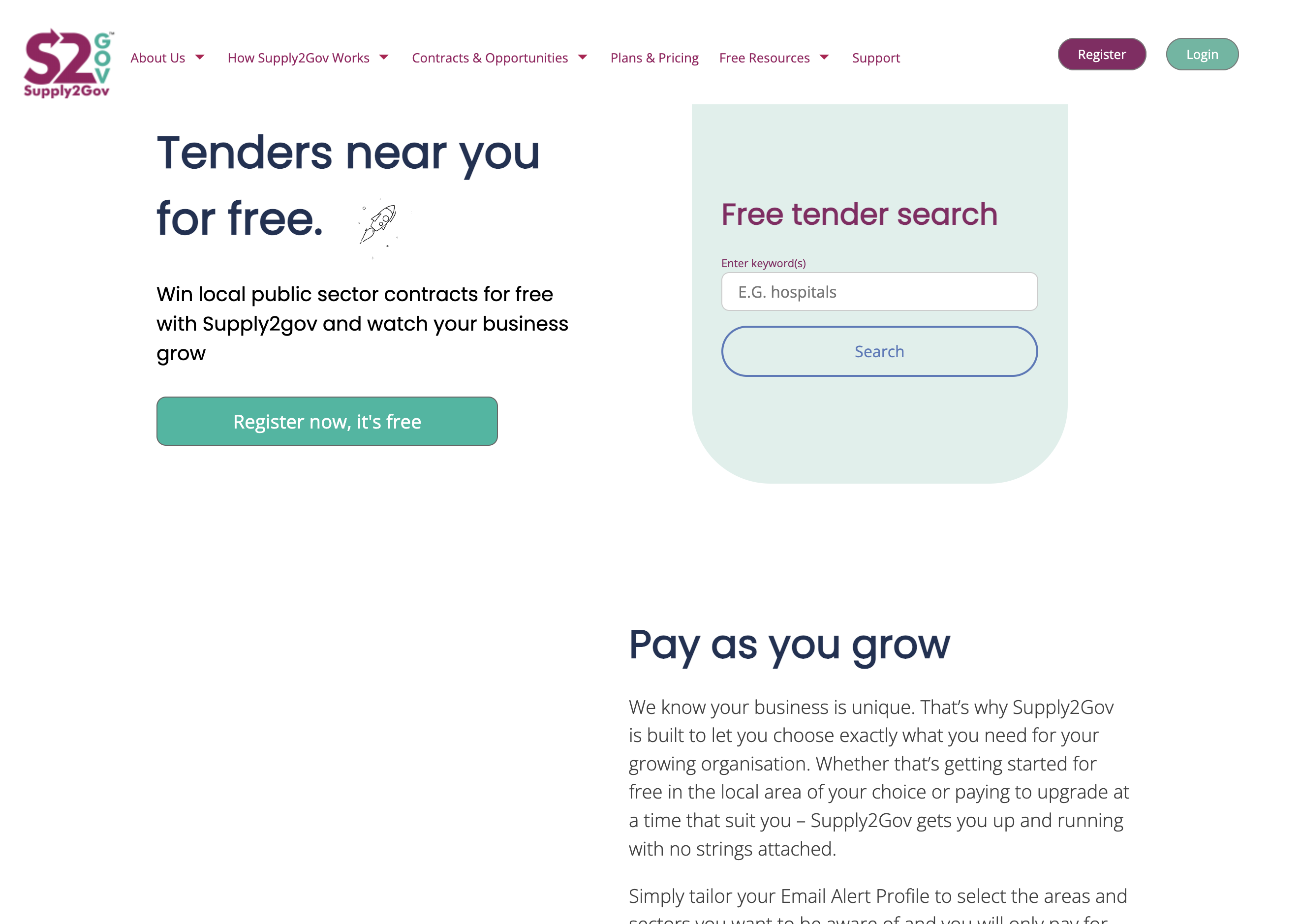 Homepage of Supply2Gov UK + ROI tender aggregator (captured April 2026).