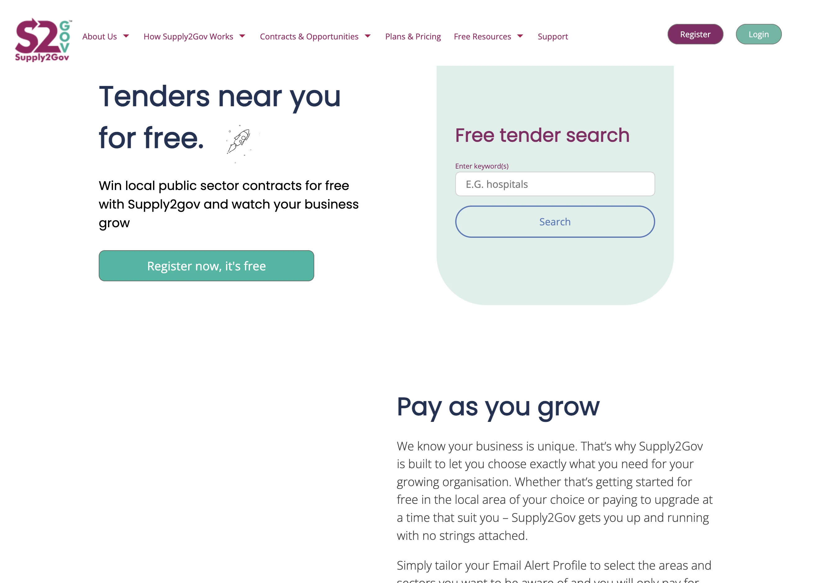 Homepage of Supply2Gov UK + ROI tender aggregator (captured April 2026).