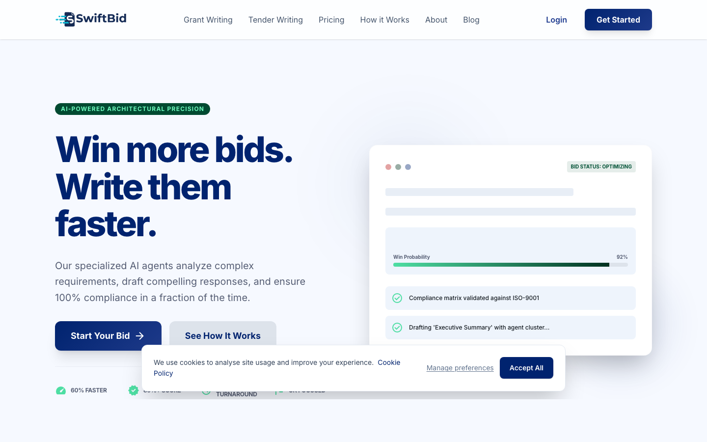 Homepage of SwiftBid per-bid AI bid-writing service (captured April 2026).