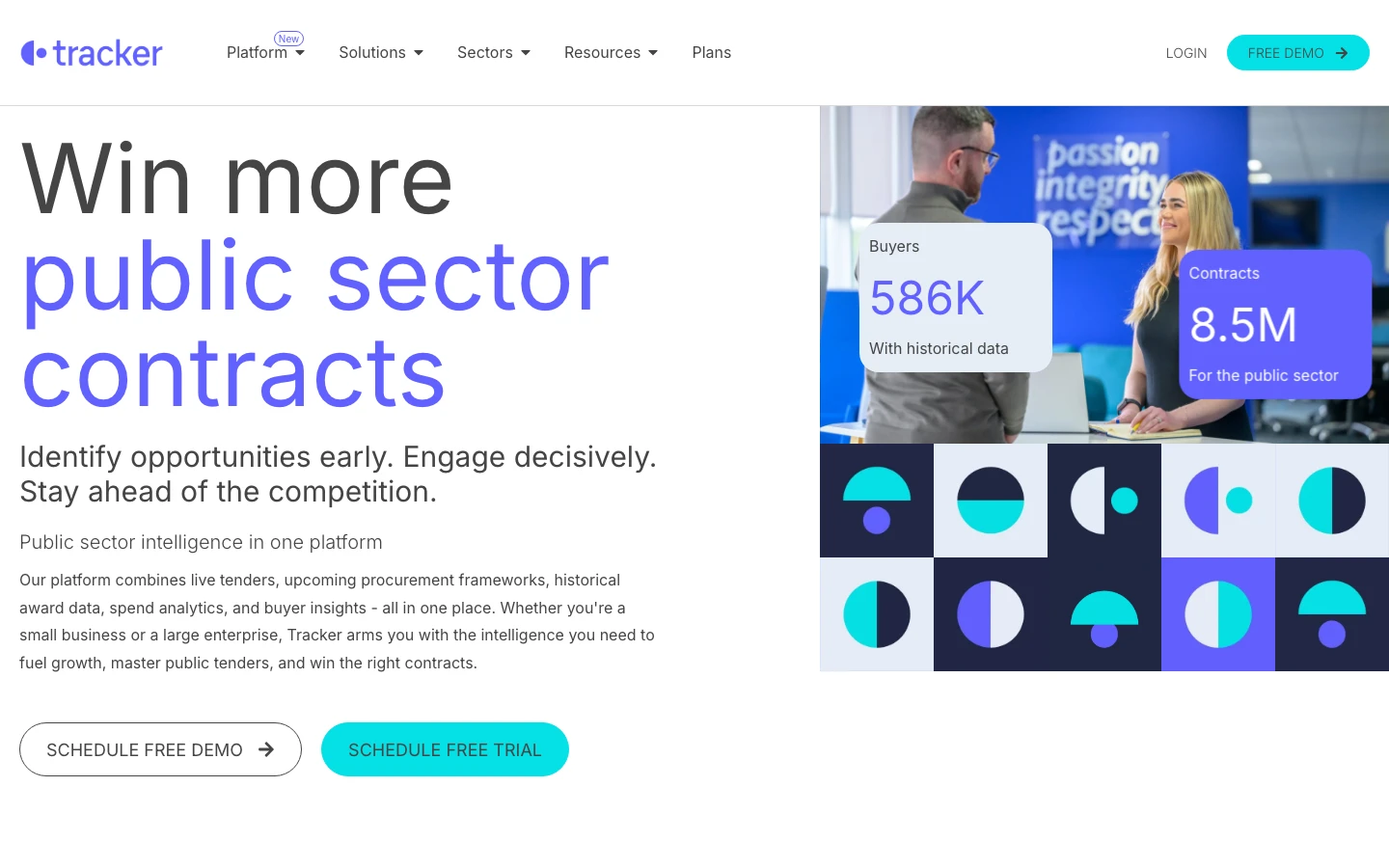 Homepage of Tracker Intelligence, a UK procurement-intelligence platform with tenders, frameworks, awards, and spend analytics.