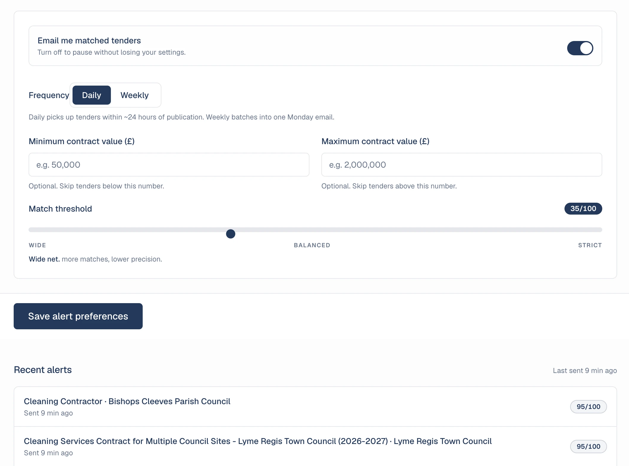 CleanTender alerts page showing filtered tender notices for pressure washing, graffiti removal, and exterior cleaning contracts across UK local authorities.