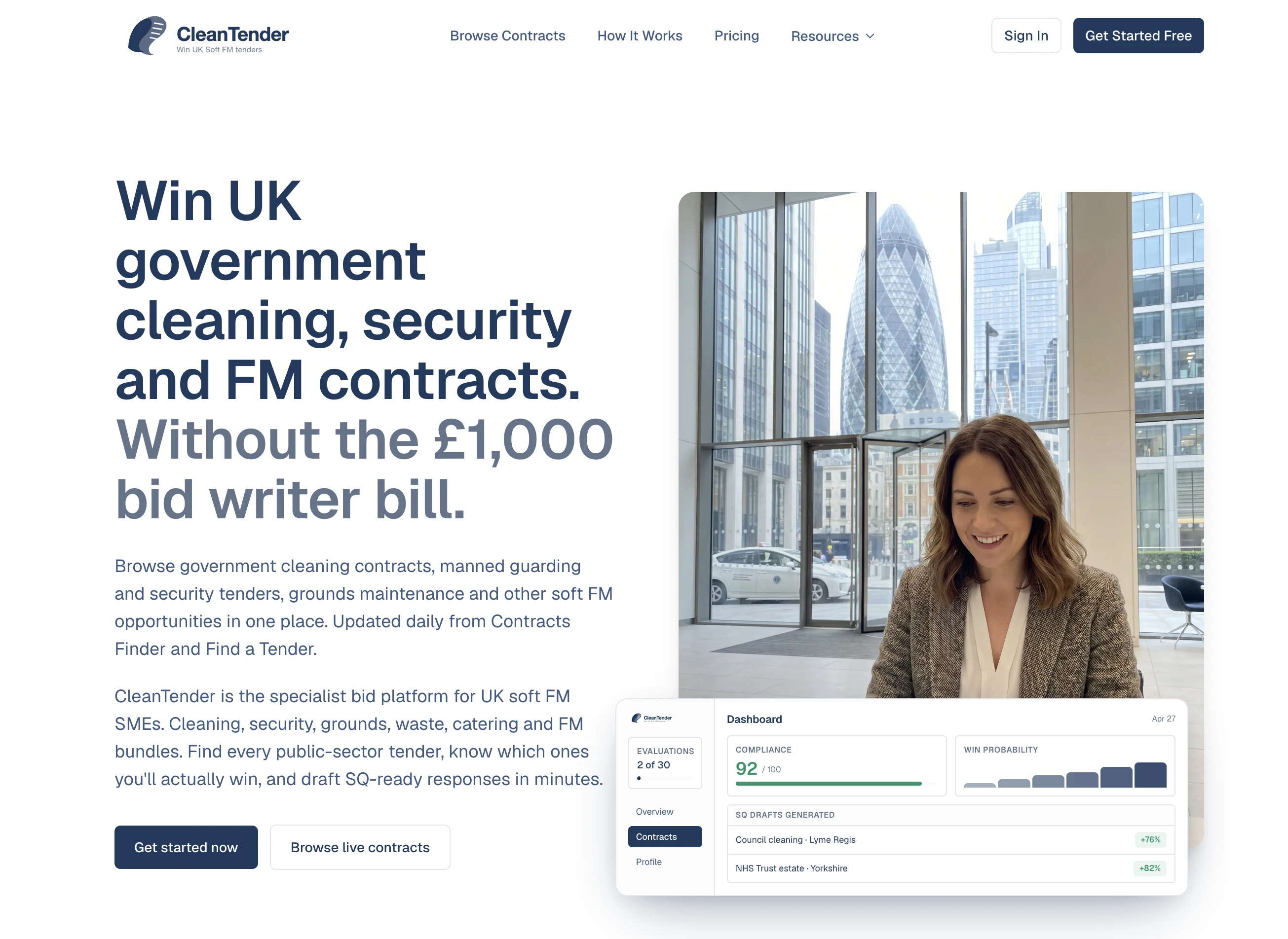 CleanTender homepage, the AI tender software for UK soft FM contractors covering cleaning, security, grounds, waste, and catering.