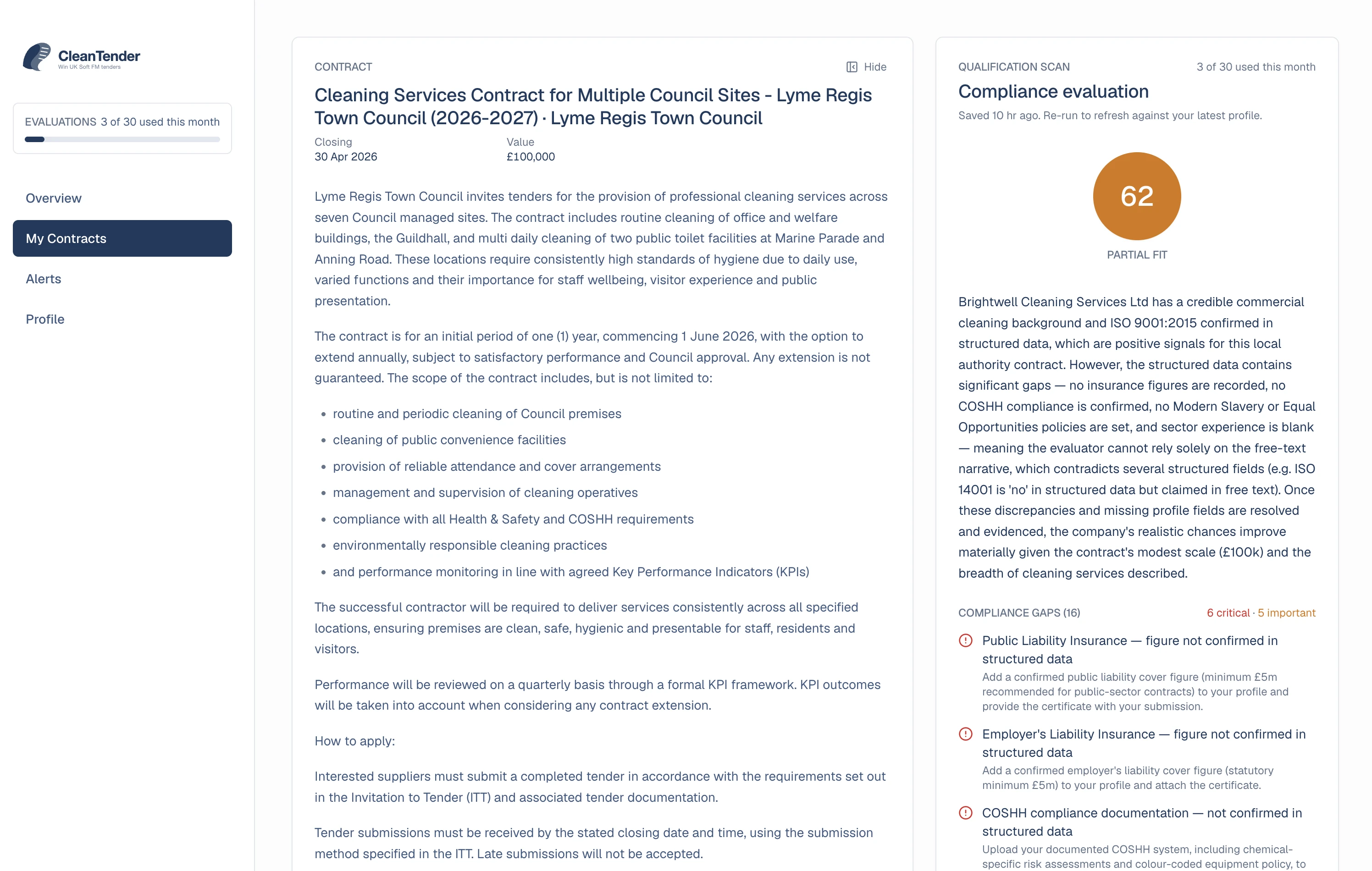 CleanTender evaluator result showing qualification score, win probability, and missing compliance items for a UK public-sector tender