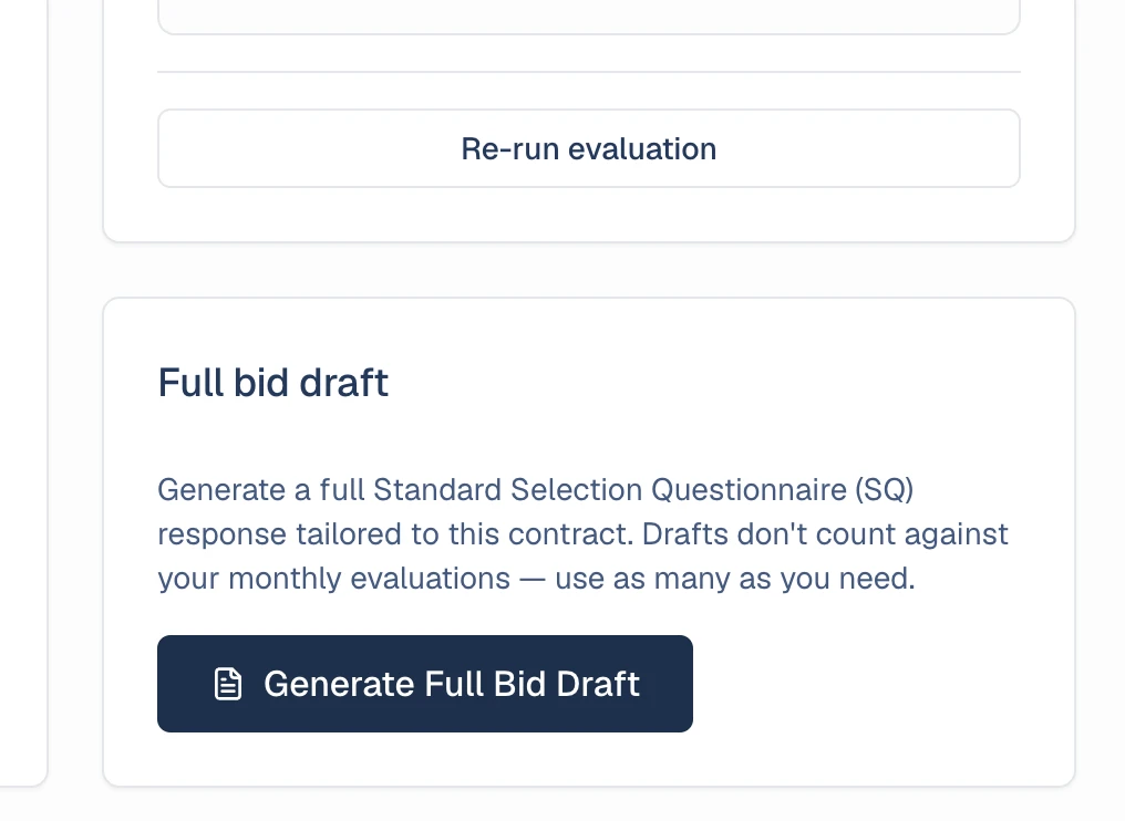 CleanTender AI generating a full SQ bid draft for a UK public-sector tender, streaming sections live
