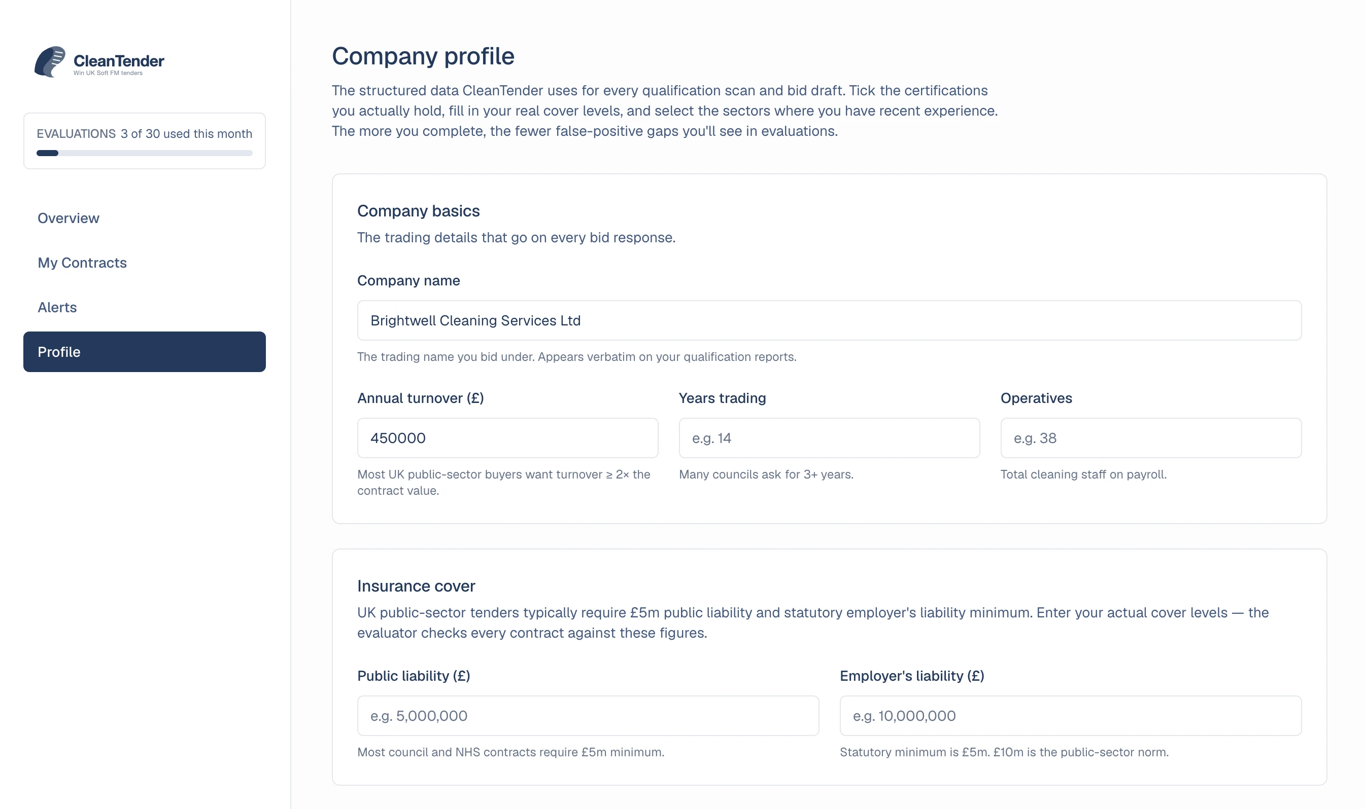 CleanTender company profile setup screen showing sector, region, ISO certifications, and accreditation fields